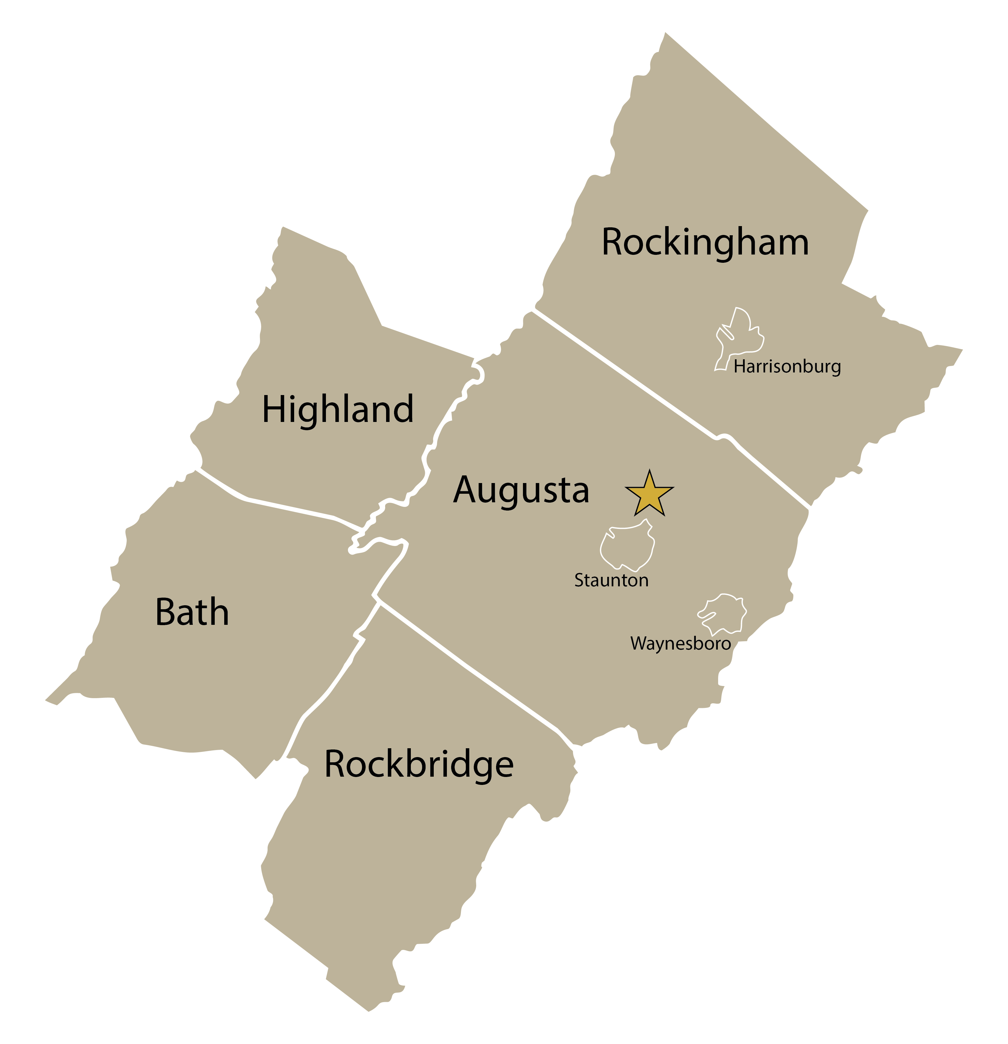 Map of Augusta County with labeled counties and a star indicating the Verona area